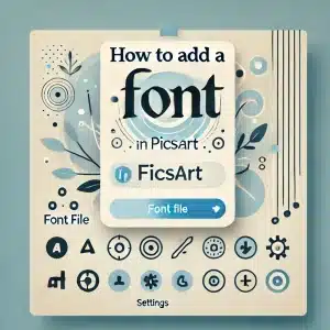 Instructional design image showing the text 'How to Add a Font in PicsArt' with an abstract light blue and white background. The design includes icons of a font file, gear settings, and an upload button to illustrate the process of adding fonts in PicsArt. The layout is clean and modern, with bold and easily readable text.