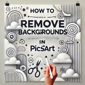 Instructional design image with the text 'How to Remove Backgrounds in PicsArt' displayed on an abstract white and gray gradient background, symbolizing removed backgrounds. Includes small icons of a photo being edited, a magic wand tool, and scissors to represent the editing process. The layout is modern, minimalistic, and visually clear.