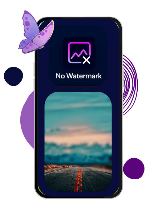 PicsArt watermark remover feature with road photo on phone screen.