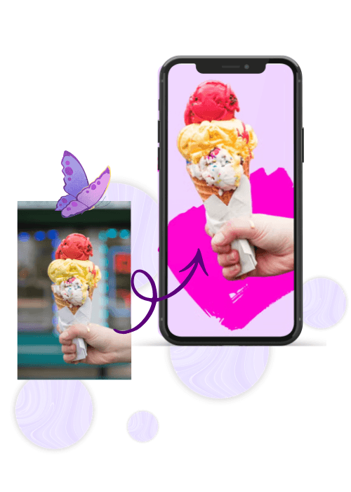 Hand holding ice cream cone, background removed and turned pink with PicsArt mod apk.