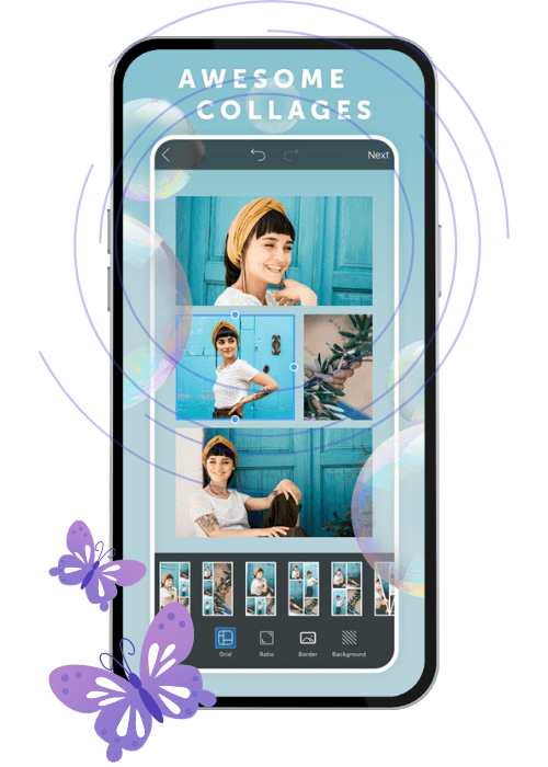 PicsArt collage maker feature with grid layout of woman's photos on phone screen